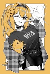 Rule 34 | 1girl, absurdres, black headband, black shirt, black shorts, collar, cowboy shot, dokibird (vtuber), dragoon (dokibird), gamer supps, hair ornament, hairclip, hand on own hip, headband, highres, holding, holding trophy, jacket, jewelry, limited palette, lio wart, long hair, looking at viewer, necklace, one eye closed, open clothes, open jacket, open mouth, shirt, shirt tucked in, shorts, side ponytail, smile, solo, teeth, trophy, upper teeth only, yellow eyes, yellow nails