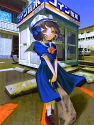 Rule 34 | 1girl, absurdres, bag, bicycle, blue dress, blue ribbon, blue sky, bow, bowtie, brown footwear, brown hair, building, closed mouth, commentary, day, dress, full body, hat, hat ribbon, highres, holding, holding bag, iseki (company), kagenoyuhi, loafers, looking at viewer, mob cap, motor vehicle, orange bow, orange bowtie, original, outdoors, parking lot, puffy short sleeves, puffy sleeves, ribbon, rice mill, sailor collar, sailor dress, shoes, short hair, short sleeves, sky, socks, solo, v arms, van, white hat, white sailor collar, white socks, wind