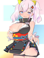 Rule 34 | 1girl, black panties, blue eyes, blush, breasts, caburi, cleavage cutout, cleft of venus, clothes lift, clothing cutout, dress, hair ornament, hairclip, kaguya luna, large breasts, long hair, looking at viewer, nipples, obi, one breast out, open mouth, panties, panty pull, pussy, ribbon, sash, short dress, sidelocks, silver hair, skirt, skirt lift, sleeveless, sleeveless dress, smile, solo, the moon studio, twintails, underwear, virtual youtuber, wrist ribbon, x hair ornament