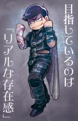 Rule 34 | 10s, 1boy, bandages, belt, black hair, blood, bloody bandages, cape, cropped jacket, facial tattoo, grey background, highres, male focus, matsuno karamatsu, midriff, osomatsu-kun, osomatsu-san, osomatsu (series), short hair, smile, solo, tattoo, text focus, translation request