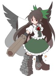 Rule 34 | 1girl, arm cannon, asymmetrical legwear, black wings, bow, breasts, brown hair, cape, closed mouth, collared shirt, feathered wings, frilled skirt, frills, full body, green bow, green skirt, hair bow, highres, long hair, medium breasts, puffy short sleeves, puffy sleeves, red eyes, reiuji utsuho, shinmon akika, shirt, short sleeves, simple background, skirt, solo, third eye on chest, touhou, very long hair, weapon, white background, white cape, white shirt, wings
