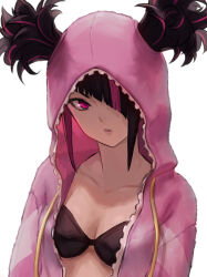 Rule 34 | 1girl, black bra, black hair, blunt bangs, bra, breasts, cleavage, commentary request, hair over one eye, han juri, highres, hood, hooded pajamas, ishiyuki, medium breasts, pajamas, pink hair, pink pajamas, simple background, small breasts, solo, street fighter, street fighter 6, underwear, upper body, white background