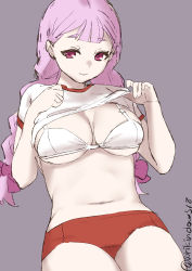 Rule 34 | 1girl, arikindows10, artist name, bra, braid, breasts, buruma, cleavage, closed mouth, clothes lift, grey background, gym shirt, gym shorts, gym uniform, hand on own chest, highres, jasminka antonenko, large breasts, little witch academia, long hair, looking at viewer, low twintails, navel, pink eyes, plump, purple hair, red buruma, red shorts, shirt, shirt lift, short eyebrows, short shorts, shorts, simple background, smile, solo, stomach, t-shirt, twintails, twitter username, underboob, underwear, white bra, white shirt