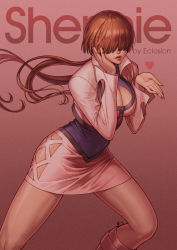 Rule 34 | 1girl, blowing kiss, boots, breasts, brown hair, cleavage, cleavage cutout, clothing cutout, cropped jacket, eclosion, gradient background, hair over eyes, heart, large breasts, lips, long hair, miniskirt, nail polish, shermie (kof), skirt, solo, the king of fighters