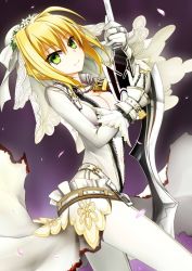 Rule 34 | 10s, 1girl, bdsm, blonde hair, bodysuit, bondage, bound, breasts, center opening, chain, cleavage, fate/extra, fate/extra ccc, fate (series), gloves, green eyes, nero claudius (bride) (fate), nero claudius (fate), nero claudius (fate), nero claudius (fate/extra), red-eyes macadamiachoco, solo, sword, weapon