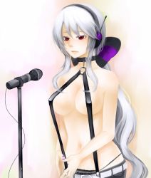 Rule 34 | 1girl, ahoge, bad id, bad pixiv id, breasts, cleavage, collar, headphones, large breasts, long hair, microphone, microphone stand, nail polish, naked suspenders, nez-doll, red eyes, revealing clothes, ribbon, silver hair, slingshot swimsuit, solo, suspenders, swimsuit, topless, vocaloid, yowane haku