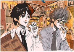 Rule 34 | 2boys, alcohol, brown eyes, brown hair, buttoned cuffs, buttons, cigarette, cigarette pack, collared shirt, cup, dress shirt, drinking, drinking glass, glasses, grey eyes, grey hair, holding, holding cigarette pack, holding cup, holding menu, indoors, kaneoya sachiko, looking ahead, looking at another, male focus, menu, mouth hold, multiple boys, necktie, original, parted lips, pinstripe pattern, pinstripe shirt, shelf, shirt, short hair, smile, striped, upper body, watch, wristwatch, yoiko yokochou