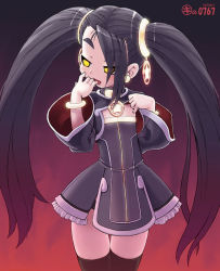 Rule 34 | 00s, 1girl, 2005, black dress, black hair, black panties, black thighhighs, blush, bracelet, character request, cowboy shot, dated, dress, earrings, empty eyes, eyebrows, eyes visible through hair, finger in own mouth, flat chest, frilled dress, frills, gradient background, hair ornament, hair over one eye, hand on own chest, jewelry, kei jiei, long hair, looking to the side, necklace, open mouth, panties, pendant, short dress, side slit, solo, star (symbol), thick eyebrows, thigh gap, thighhighs, turtleneck, twintails, underwear, wide sleeves, yellow eyes, zettai ryouiki, zoids, zoids genesis