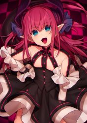 Rule 34 | 10s, 1girl, :d, bad id, bad pixiv id, black dress, blue eyes, breasts, checkered background, commentary request, curled horns, detached sleeves, dragon horns, dress, elizabeth bathory (fate), elizabeth bathory (fate/extra ccc), elizabeth bathory (first ascension) (fate), fangs, fate/extra, fate/extra ccc, fate (series), hair between eyes, hair ribbon, hand on own hip, head tilt, horns, karokuchitose, long sleeves, looking at viewer, open mouth, pointy ears, purple ribbon, red eyes, ribbon, small breasts, smile, solo, tongue, two side up