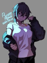 Rule 34 | 1girl, 2020, agawa ryou, ahoge, bare shoulders, black hair, bra strap, breasts, brown eyes, dated, grey background, looking at viewer, original, shadow, short hair, signature, simple background, smile, solo