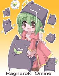 Rule 34 | 1girl, :d, bad id, bad pixiv id, bow, brown eyes, chibi, commentary request, copyright name, cowlick, demon, deviruchi, deviruchi hat, dress, full body, gradient background, green hair, hair between eyes, hat, high priest (ragnarok online), hizukiryou, juliet sleeves, leaf, long sleeves, looking at viewer, open mouth, pointy ears, puffy sleeves, ragnarok online, red dress, sash, short hair, simple background, smile, two-tone dress, white bow, white dress, white sash, yellow background