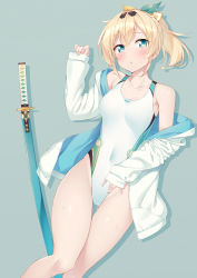 Rule 34 | 1girl, aqua eyes, bare shoulders, blonde hair, blush, bow, breasts, collarbone, commentary request, competition swimsuit, covered navel, gluteal fold, green background, hair between eyes, highres, hololive, jacket, katana, kazama iroha, kazuma (kazumav), long sleeves, looking at viewer, lying, medium breasts, medium hair, off shoulder, on back, one-piece swimsuit, open clothes, open jacket, ponytail, sheath, sheathed, sidelocks, simple background, sleeves past wrists, solo, sweat, swimsuit, sword, thigh gap, thighs, virtual youtuber, weapon, white jacket, white one-piece swimsuit, yellow bow