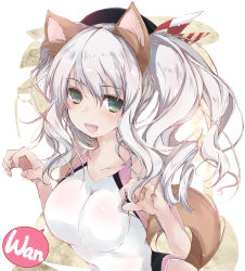 Rule 34 | 1girl, animal ears, black hat, breasts, cleavage, commentary request, competition swimsuit, cowboy shot, curled fingers, dog ears, dog tail, green eyes, hat, impossible clothes, impossible swimsuit, kantai collection, kashima (kancolle), large breasts, long hair, one-piece swimsuit, shiny clothes, sidelocks, silver hair, simple background, solo, swimsuit, tail, twintails, wavy hair, white background, white one-piece swimsuit, yumesato makura
