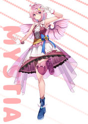Rule 34 | 1girl, absurdres, afueeriru, alternate costume, apron, armpits, bird wings, blue sash, boots, character name, closed mouth, dress, gloves, hair ornament, highres, idol, mystia lorelei, one eye closed, pink dress, pink eyes, pink hair, sash, sleeveless, sleeveless dress, smile, solo, standing, star (symbol), tachi-e, touhou, waist apron, white background, wings