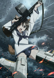 Rule 34 | 1girl, animal ears, black neckerchief, black one-piece swimsuit, brown hair, cloud, commentary request, dark clouds, dog ears, dog tail, dress, drum magazine, embers, grey sky, gun, highres, key visual, long sleeves, machine gun, magazine (weapon), miyafuji yoshika, neckerchief, official art, one-piece swimsuit, open mouth, promotional art, sailor collar, sailor dress, school swimsuit, school uniform, serafuku, short hair, sky, solo, strike witches, striker unit, swimsuit, swimsuit under clothes, tail, trigger discipline, v-shaped eyebrows, weapon, wind, world witches series