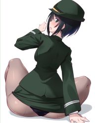 Rule 34 | 1girl, arm support, ass, black eyes, black hair, black panties, blush, chouno ami, clothes lift, commentary, female service cap, from behind, girls und panzer, green hat, green jacket, green skirt, hat, highres, jacket, japan ground self-defense force, japan self-defense force, kuzuryuu kennosuke, leaning to the side, long sleeves, looking at viewer, looking back, military, military hat, military uniform, miniskirt, open mouth, panties, panties under pantyhose, pantyhose, pencil skirt, see-through, see-through legwear, shadow, short hair, skirt, skirt lift, solo, sweatdrop, swept bangs, underwear, uniform