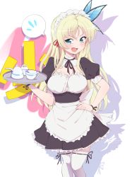 Rule 34 | 1girl, absurdres, aetherion, apron, blonde hair, boku wa tomodachi ga sukunai, bracelet, breasts, butterfly hair ornament, cup, detached collar, dress, fang, frilled dress, frills, green eyes, hair ornament, hand on own hip, highres, jewelry, kashiwazaki sena, maid, maid headdress, medium breasts, open mouth, puffy short sleeves, puffy sleeves, ribbon-trimmed legwear, ribbon trim, short sleeves, solo, teacup, teapot, thighhighs, tray, underbust, waist apron