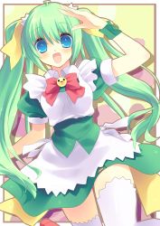Rule 34 | 1girl, :d, absurdres, ahoge, bad id, bad pixiv id, blue eyes, bow, fang, green hair, hair ornament, hair ribbon, highres, long hair, looking at viewer, melon-chan, melonbooks, open mouth, ribbon, salute, smile, thighhighs, tokira nozumi, twintails, very long hair, white thighhighs, yellow bow, zettai ryouiki