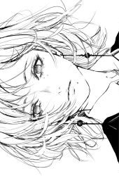 Rule 34 | 1girl, chainsaw man, closed mouth, collared shirt, earrings, fami (chainsaw man), greyscale, highres, inoitoh, jewelry, looking at viewer, messy hair, monochrome, portrait, shirt, short hair, sideways, solo