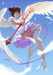 Rule 34 | 1girl, absurdres, between fingers, blue background, blue sky, cardcaptor sakura, cherry blossoms, dabul, day, feathered wings, feathers, flying, fuuin no tsue, green eyes, highres, holding, holding wand, kinomoto sakura, no panties, parted lips, petticoat, pink ribbon, puffy short sleeves, puffy sleeves, ribbon, sakura card, short hair, short sleeves, single thighhigh, sky, solo, thighhighs, two side up, wand, white footwear, white thighhighs, white wings, wings