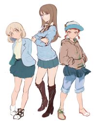 Rule 34 | 10s, 3girls, aki (girls und panzer), alternate eye color, arms behind back, black footwear, blazer, blue jacket, blue pants, blue skirt, blue sweater, boots, brown eyes, brown footwear, brown hair, brown shirt, casual, closed mouth, collared shirt, cross-laced footwear, crossed arms, full body, girls und panzer, glasses, hair down, hands in pockets, high heel boots, high heels, highres, hood, hoodie, jacket, knee boots, light brown hair, light smile, long hair, long sleeves, looking at viewer, mika (girls und panzer), mikko (girls und panzer), miniskirt, mityubi, multiple girls, no headwear, no legwear, pants, pants rolled up, pants under skirt, parted lips, pleated skirt, red eyes, red hair, semi-rimless eyewear, shirt, shoes, short hair, short twintails, simple background, sketch, skirt, sneakers, standing, sweater, track pants, twintails, under-rim eyewear, v-neck, white-framed eyewear, white background, white footwear, white shirt