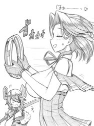 Rule 34 | 2girls, breasts, closed eyes, commentary, eyepatch, fur trim, gloves, greyscale, halo, hand fan, headgear, heart, highres, holding, holding sword, holding weapon, jacket, kantai collection, large breasts, mechanical halo, monochrome, multiple girls, open mouth, over shoulder, short hair, simple background, sweat, sword, tatsuta (kancolle), tenryuu (kancolle), traditional media, tussy, weapon, weapon over shoulder