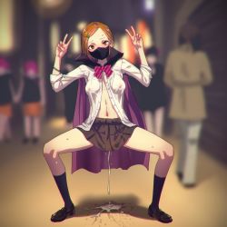 Rule 34 | aftersex, blurry, blurry background, bow, bowtie, breasts, brown eyes, brown hair, cape, cum, cum pool, cumdrip, double v, exhibitionism, hair ornament, hairclip, high collar, highres, jack-o&#039;-lantern hair ornament, loafers, looking at viewer, mask, mouth mask, navel, open clothes, open shirt, original, public indecency, see-through, shirt, shoes, socks, squatting, v, white shirt, yamada (gotyui)