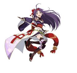 Rule 34 | 10s, 1girl, ahoge, armpits, bike shorts, bike shorts under skirt, black shorts, detached sleeves, full body, hair ribbon, highres, holding, holding sword, holding weapon, japanese clothes, long hair, midriff, navel, official art, open mouth, purple hair, purple skirt, red eyes, red ribbon, ribbon, shorts, shorts under skirt, simple background, skirt, smile, solo, sword, sword art online, sword art online: code register, weapon, white background, yuuki (sao)
