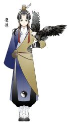 Rule 34 | 1boy, bird, black footwear, black hair, chinese text, eagle, feather hair ornament, feathers, full body, gourd, gradient hair, hair ornament, highres, jiaoling ruqun, long hair, long sleeves, looking at viewer, male focus, multicolored hair, pants, parted bangs, personification, qiushiri, sidelocks, simple background, solo, standing, taiji, topknot, white background, yin yang, zoom layer