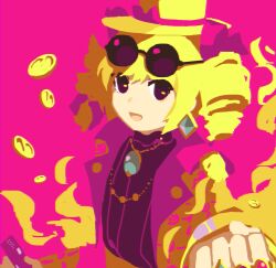 Rule 34 | 1girl, alternate color, blonde hair, coin, commentary request, drill hair, earrings, eyewear on head, hat, hat ribbon, highres, jacket, jewelry, kaigen 1025, long sleeves, open clothes, open jacket, open mouth, pink background, pink jacket, purple eyes, purple shirt, ribbon, shirt, simple background, smile, sunglasses, touhou, twin drills, yellow headwear, yorigami jo&#039;on