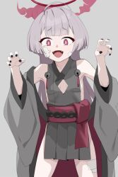 Rule 34 | 1girl, ahoge, bare shoulders, bell, black nails, blue archive, breasts, cowboy shot, detached sleeves, fangs, fingernails, gauze, gauze on cheek, grey background, grey hair, grey sleeves, halo, highres, hoshiya takahito, jingle bell, long hair, looking at viewer, nail polish, obi, open mouth, red eyes, red halo, sash, shuro (blue archive), simple background, small breasts, solo