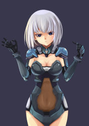 Rule 34 | 10s, 1girl, absurdres, armor, black background, blue eyes, bodysuit, breasts, cleavage, covered navel, cowboy shot, date a live, gesture, grey hair, highres, leotard, looking at viewer, see-through, sexually suggestive, shoulder pads, simple background, tobiichi origami, zxhautumn