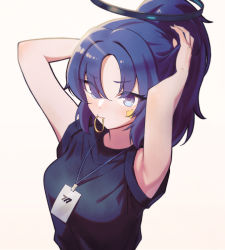 Rule 34 | 1girl, 24riside, adjusting hair, alternate costume, alternate hairstyle, arms up, black shirt, blue archive, blush, breasts, eyes visible through hair, gym uniform, hair tie in mouth, halo, hand in own hair, highres, id card, lanyard, large breasts, long hair, looking at viewer, mouth hold, ponytail, purple eyes, purple hair, shirt, short sleeves, simple background, solo, star (symbol), tying hair, upper body, white background, yuuka (blue archive), yuuka (track) (blue archive)