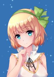 Rule 34 | 1girl, bare shoulders, blonde hair, blue eyes, blush, bow, breasts, chahei, cleavage, covered erect nipples, green bow, hair ribbon, highres, looking at viewer, medium breasts, original, ribbon, short hair, smile, solo, upper body