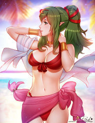 Rule 34 | 1girl, arms behind head, artist name, bare shoulders, bikini, breasts, commentary, day, english commentary, fire emblem, fire emblem awakening, fire emblem heroes, green eyes, green hair, hair ribbon, long hair, medium breasts, navel, nintendo, outdoors, patreon username, pink lady mage, pointy ears, ponytail, profile, red bikini, red ribbon, ribbon, sarong, shawl, signature, smile, solo, swimsuit, thigh gap, tiki (adult) (fire emblem), tiki (adult) (summer) (fire emblem), tiki (fire emblem)