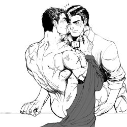 Rule 34 | 2boys, anal, ass, back, bara, batman (series), blush, bruce wayne, clark kent, closed mouth, collared shirt, couple, dc comics, glasses, greyscale, highres, holding, holding another&#039;s leg, holding hands, holding removed eyewear, large pectorals, looking at another, male focus, male penetrated, mature male, monochrome, multiple boys, muscular, muscular male, nude, pectorals, scar, scar on arm, scar on back, sex, shirt, short hair, superman (series), unworn eyewear, unworn shirt, yaoi, yooko