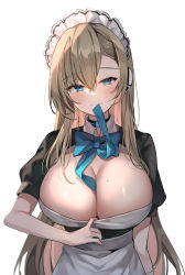 Rule 34 | 1girl, absurdres, apron, asuna (blue archive), black dress, blue archive, blue eyes, blue neckwear, blush, breasts, choker, churi (oxxchurixxo), cleavage, clothes pull, dress, highres, large breasts, light brown hair, long hair, looking at viewer, maid, maid headdress, mole, mole on breast, mouth hold, neckwear between breasts, simple background, smile, solo, white apron, white background