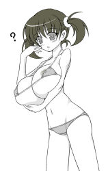 Rule 34 | 1girl, ?, arm under breasts, bikini, blush, breast hold, breasts, breasts squeezed together, cleavage, greyscale, huge breasts, looking at viewer, micro bikini, miyata gakuman, monochrome, navel, nipple slip, nipples, simple background, solo, standing, swimsuit, twintails, white background