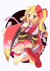 Rule 34 | 1girl, alternate costume, apron, back, blonde hair, bow, detached sleeves, enmaided, flandre scarlet, floral print, hair bow, japanese clothes, kimono, lolita fashion, long sleeves, looking at viewer, looking back, maid, maid apron, open mouth, red eyes, sash, side ponytail, smile, solo, thigh strap, touhou, wa lolita, wa maid, wide sleeves, yuimari