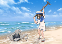 Rule 34 | 1girl, abyssal ship, beach, brown hair, closed mouth, cloud, daitou (kancolle), day, dress, enemy naval mine (kancolle), explosive, from side, hammer, harukaze unipo, hat, holding, kantai collection, mine (weapon), ocean, outdoors, ponytail, profile, sailor collar, sailor dress, sailor hat, short ponytail, short sleeves, sky, socks, standing, tentacles, water, white dress, white headwear, white legwear