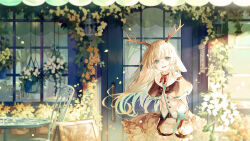 Rule 34 | 1girl, :d, animal ears, animare, antlers, arms behind back, belt, blonde hair, blurry, buttons, capelet, chair, day, deer antlers, deer ears, depth of field, door, falling leaves, flower, frills, green eyes, hanging plant, highres, horns, leaf, long hair, looking at viewer, nanashi inc., open mouth, outdoors, plant, potted plant, restaurant, shorts, sign, smile, solo, standing, table, tree, tsukinoki tirol, vest, virtual youtuber, wall lamp, white flower, white shorts, white vest, window, yoggi (stretchmen)