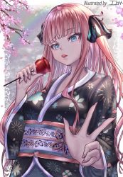 Rule 34 | 1girl, black kimono, black ribbon, blue eyes, blunt bangs, breasts, butterfly hair ornament, candy apple, cherry blossoms, food, from below, go-toubun no hanayome, hair ornament, hime cut, holding, holding food, japanese clothes, kimono, kokonatnato, large breasts, long hair, looking at viewer, nail polish, nakano nino, new year, parted lips, pink hair, raised eyebrows, ribbon, simple background, twintails, v