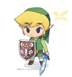 Rule 34 | 1boy, artist name, black eyes, blonde hair, boots, brown footwear, ciela, closed mouth, commentary request, fairy, full body, green headwear, green shirt, green tunic, hat, holding, holding shield, holding sword, holding weapon, left-handed, link, long sleeves, looking at viewer, male focus, nintendo, pointy ears, shield, shirt, short hair, simple background, sparkle, standing, sword, the legend of zelda, the legend of zelda: phantom hourglass, tok nuts, toon link, tunic, watermark, weapon, white background