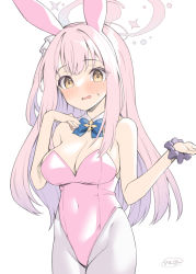 Rule 34 | alternate costume, animal ears, binsen, blue archive, blush, breasts, cleavage, commentary request, halo, highres, large breasts, leotard, looking at viewer, mika (blue archive), navel, open mouth, pantyhose, pink hair, playboy bunny, rabbit ears, signature, simple background, white background, yellow eyes