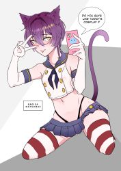Rule 34 | 1boy, absurdres, animal ears, black neckerchief, black panties, blue skirt, cat ears, cat tail, cellphone, clip studio paint (medium), cosplay, crop top, crossdressing, elbow gloves, english text, gloves, highleg, highleg panties, highres, holding, holding phone, kantai collection, male focus, microskirt, nagisamatsumae, navel, neckerchief, original, panties, phone, pleated skirt, purple hair, sailor collar, shimakaze (kancolle), shimakaze (kancolle) (cosplay), short hair, skirt, smartphone, solo, speech bubble, striped clothes, striped thighhighs, tail, thighhighs, thong, trap, underwear, v, white gloves, yellow eyes