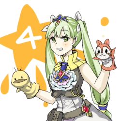 Rule 34 | 1girl, bow, frey (rune factory), gem, green eyes, grin, hair bow, hand puppet, looking at viewer, lowres, puppet, rune factory, rune factory 4, sakurage, smile, solo, star (symbol), twintails
