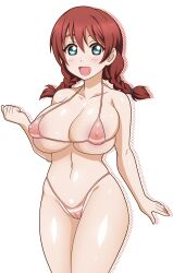 Rule 34 | 1girl, bikini, blue eyes, braid, breasts, cameltoe, cleavage, cleft of venus, covered erect nipples, emma verde, highres, large breasts, legs, love live!, love live! nijigasaki high school idol club, navel, open mouth, red hair, smile, solo, swimsuit, thick thighs, thighs, thong bikini, twin braids