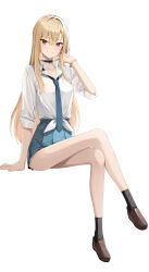 Rule 34 | 1girl, blonde hair, blue skirt, blush, breasts, collared shirt, crossed legs, dress shirt, ear piercing, earrings, grin, highres, jewelry, kitagawa marin, large breasts, long hair, long sleeves, looking at viewer, necktie, piercing, pleated skirt, red eyes, shirt, sitting, skirt, sleeves rolled up, smile, solo, sono bisque doll wa koi wo suru, white shirt, yuzu-aki