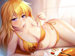 Rule 34 | 1girl, bare shoulders, bed sheet, bikini, blonde hair, blush, bow, breasts, cleavage, collarbone, curtains, curvy, eyebrows, guardian-panda, hair between eyes, image sample, large breasts, long hair, looking at viewer, lying, navel, off shoulder, on side, plump, pulled by self, purple eyes, rwby, smile, solo, stomach, strap pull, swimsuit, wide hips, yang xiao long, yellow bikini, yellow bow