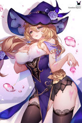 Rule 34 | 1girl, bare shoulders, belt, black thighhighs, blush, breasts, brown hair, candy, capelet, cleavage, dress, flower, food, genshin impact, green eyes, hat, hat belt, hat flower, highres, large breasts, lisa (genshin impact), lollipop, long hair, looking at viewer, melailai, multicolored clothes, multicolored dress, open mouth, purple capelet, purple dress, purple flower, purple hat, purple rose, rose, smile, stained clothes, thighhighs, thighs, witch hat